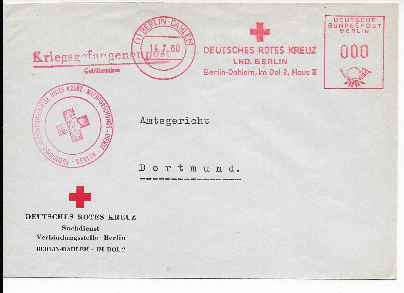 DRK Suchdienst Berlin an Gericht in Dortmund, 1960, Gebührenfrei: Kgf