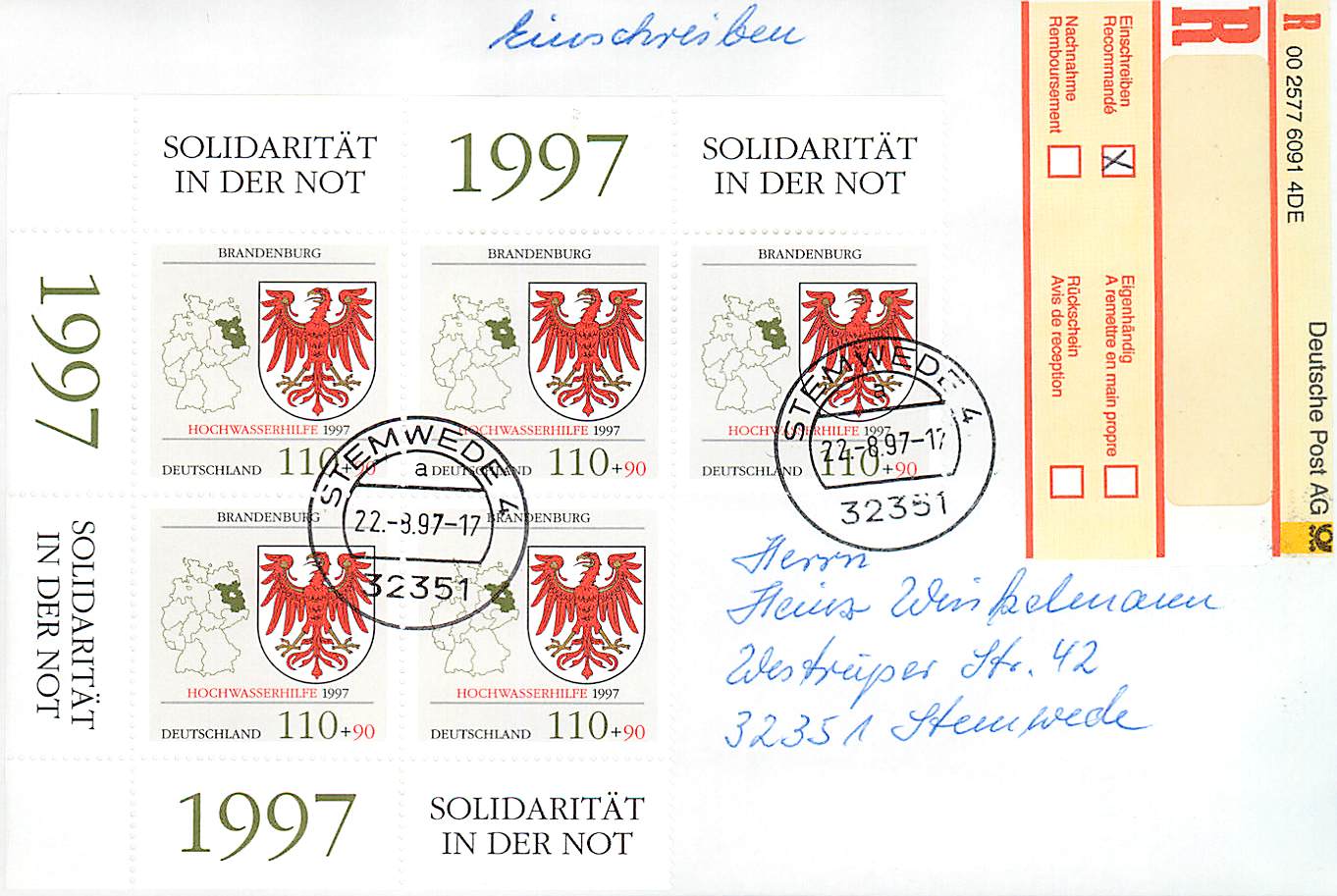 Bund: Einschreiben Stemwede mit MiNr. 1941, Mehrfachfrankatur