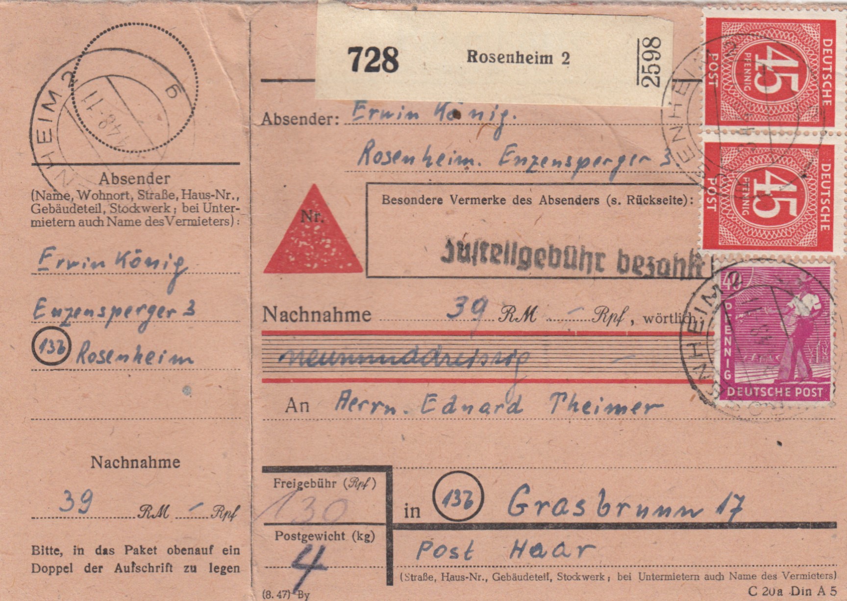 BiZone Paketkarte 1948: Rosenheim n. Grasbr., Nachnahme, m. Doppel