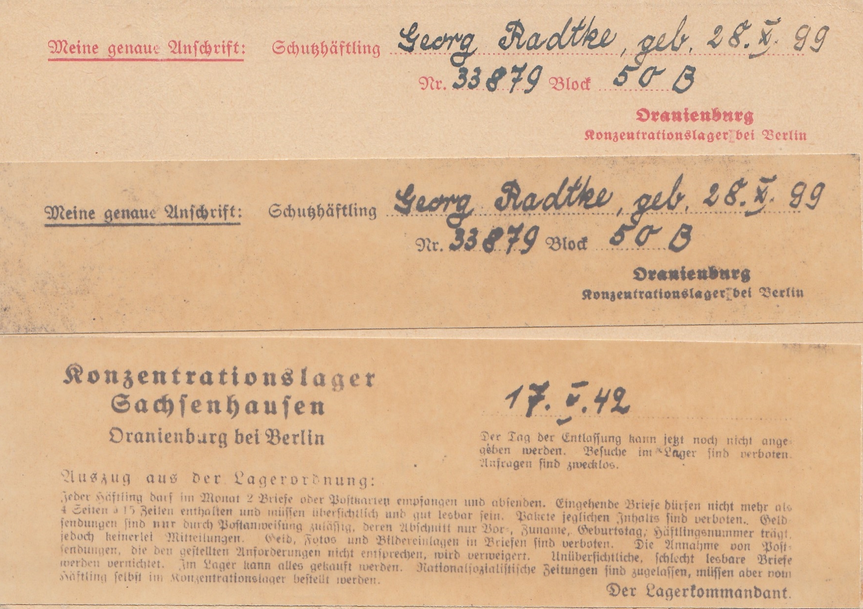 KZ Oranienburg nach Graudenz 1942 Postzensur, mit Textinhalt