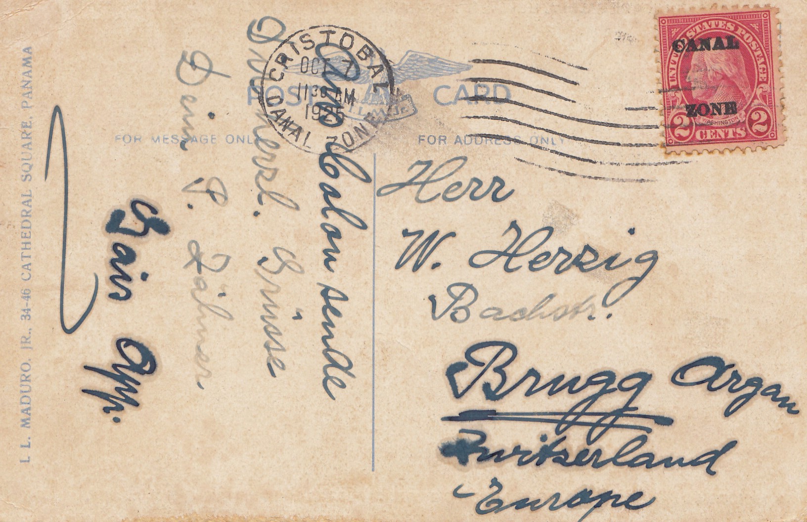 POST CARD View Balboa to Brugg/Switzerland Panama 1925 